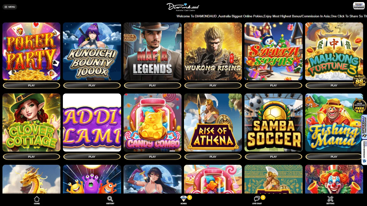DiamondAUD Casino desktop game library with pokies and casino games