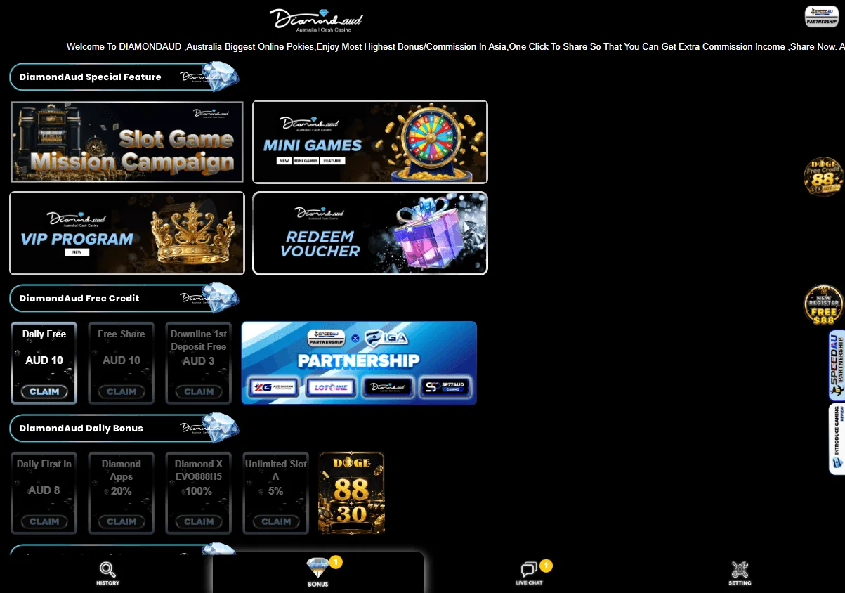 DiamondAUD Casino desktop promotions area with player offers