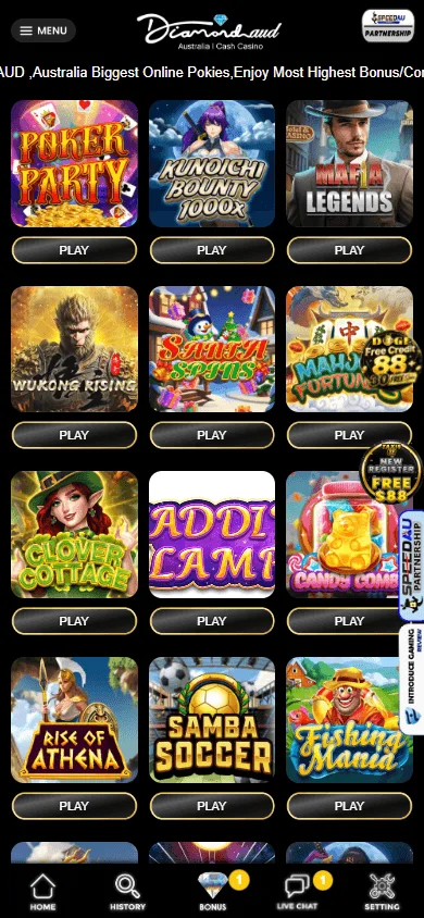 DiamondAUD Casino mobile game library with touch-optimised controls
