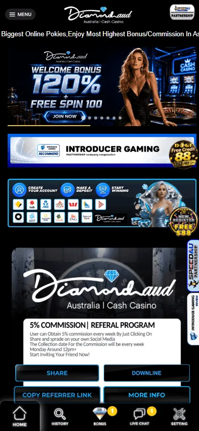 DiamondAUD Casino mobile home experience on an iOS or Android device