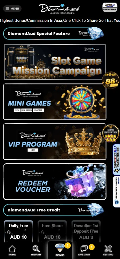 DiamondAUD Casino mobile promotions area with recurring player offers